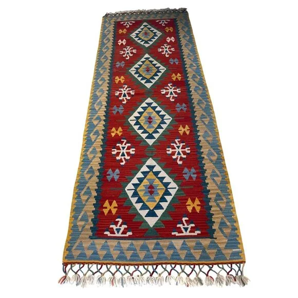 Handwoven Afghan Kilim Runner Rug Geometric 3" x 8" - Picture 3 of 4